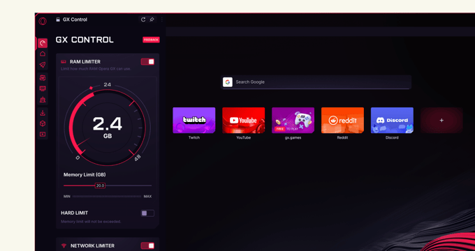 Opera GX browser with GX Control panel.