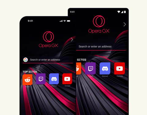 Mobile devices with Opera GX for Android and iOS.