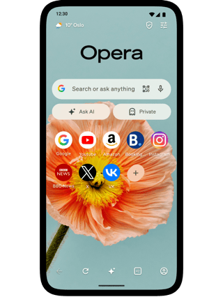 Opera browser with open Start page.