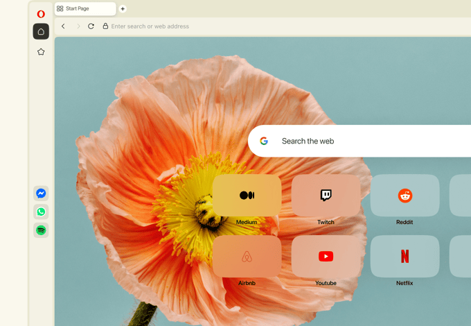 Opera browser with open Start page.
