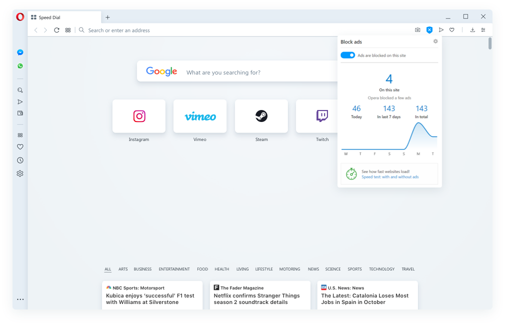 New ad blocker - Built into the Opera browser. No add-ons. More browsing speed.