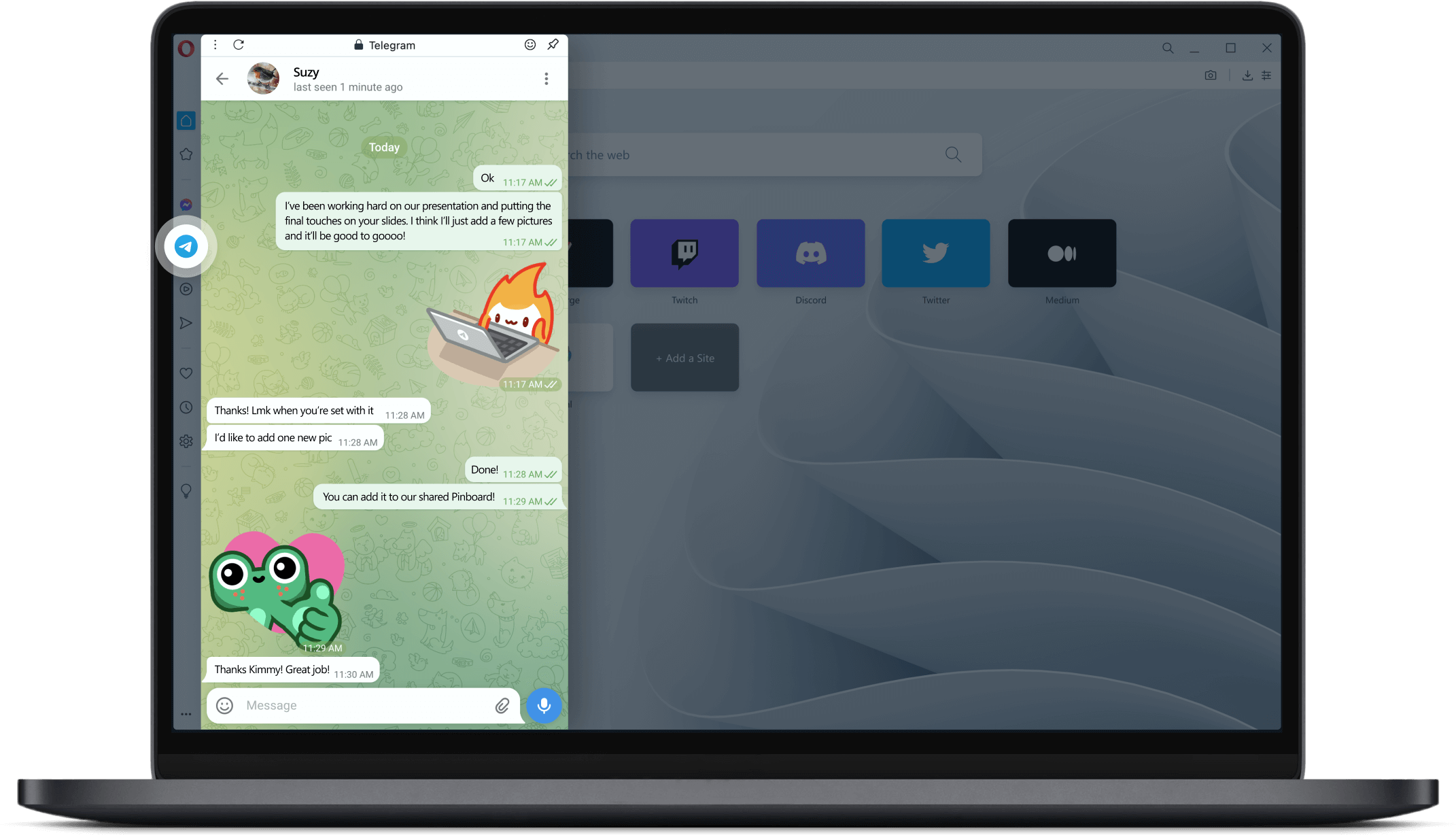 Messenger Telegram en la barra lateral del Navegador Opera