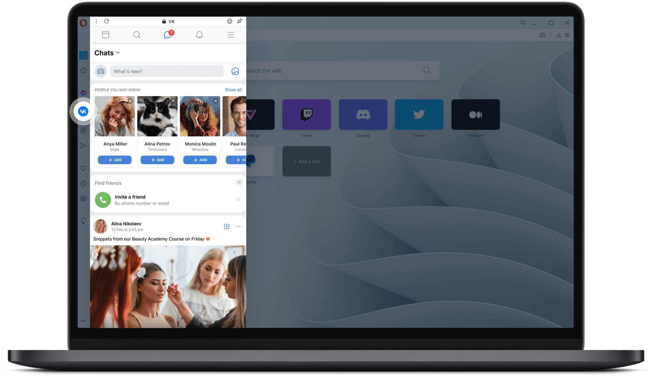 Messenger VKontakte en la barra lateral del Navegador Opera