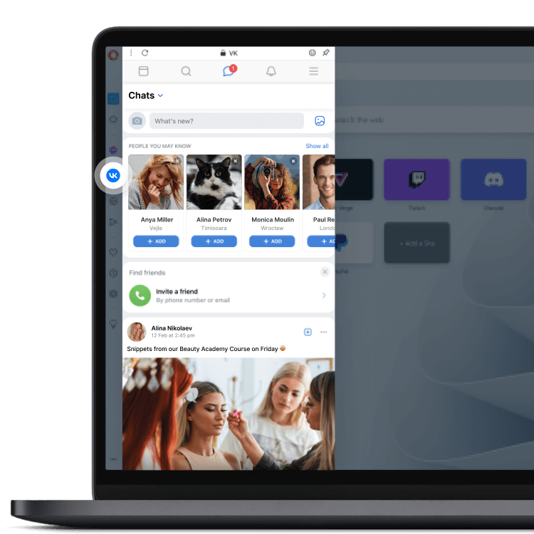 VKontakte Messenger w pasku bocznym przeglądarki Opera Browser
