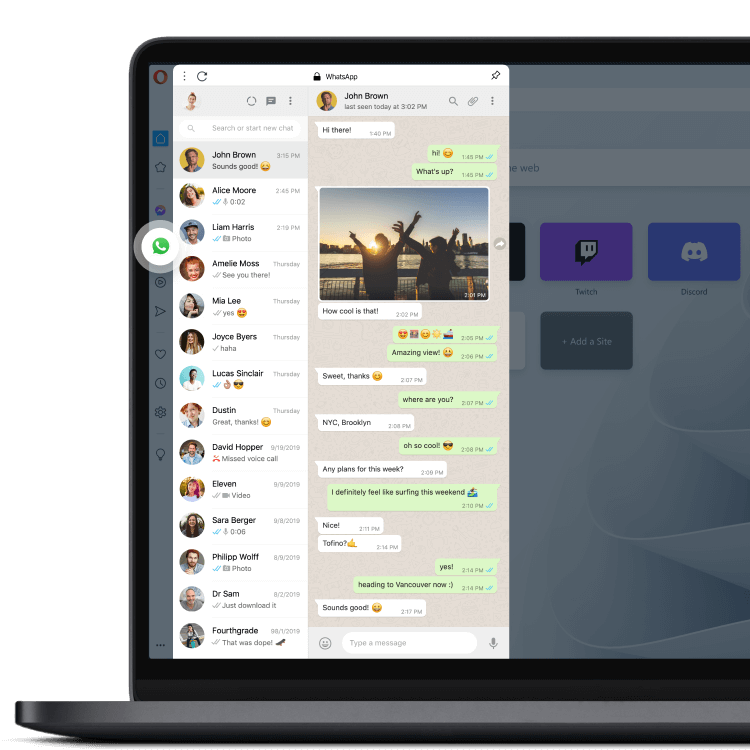 Messenger WhatsApp en la barra lateral del Navegador Opera