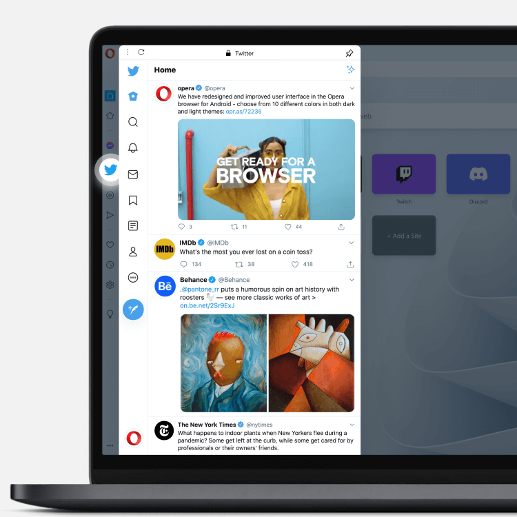 Twitter на боковой панели Opera Browser
