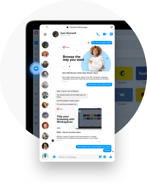 Messengers In The Sidebar Whatsapp Facebook Messenger Vkontakte Opera