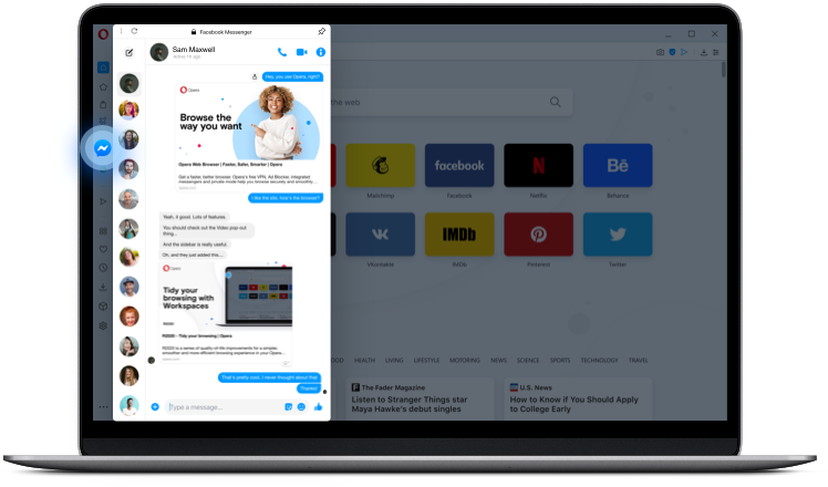 Messengers In The Sidebar Whatsapp Facebook Messenger Vkontakte Opera