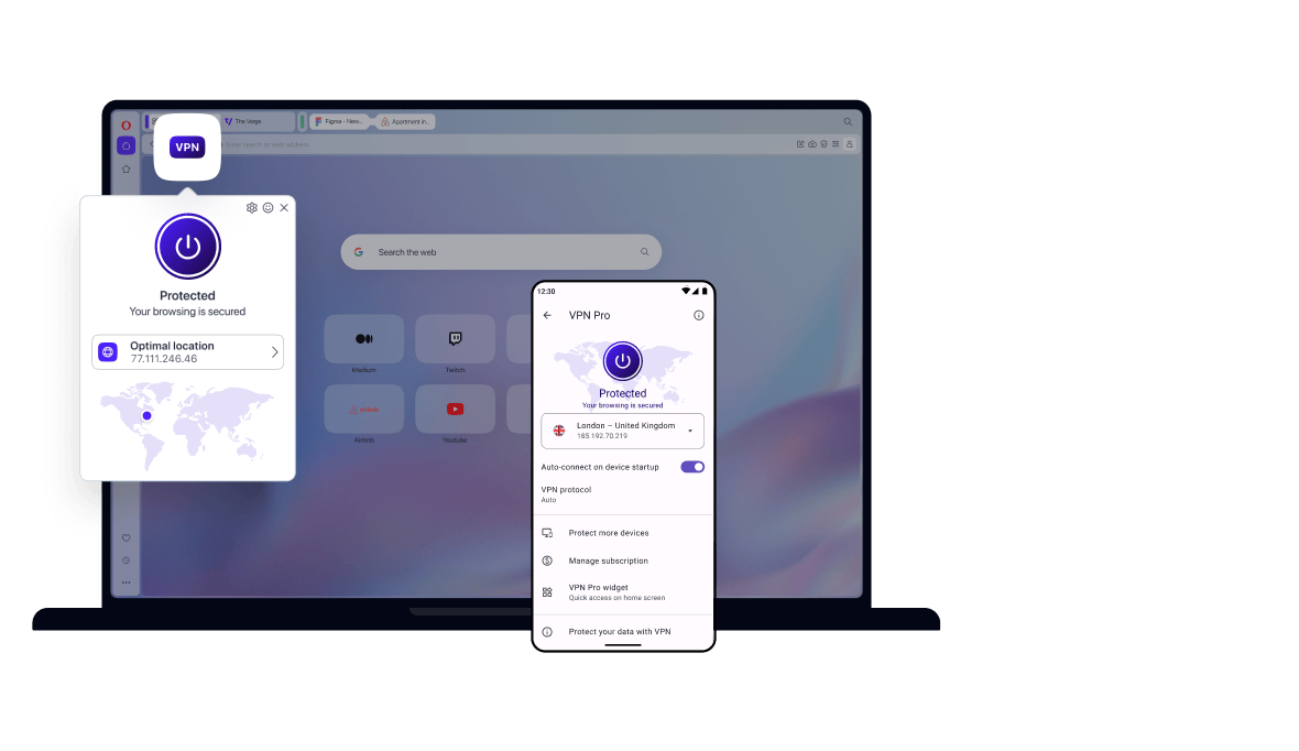 Opera browser with embedded VPN