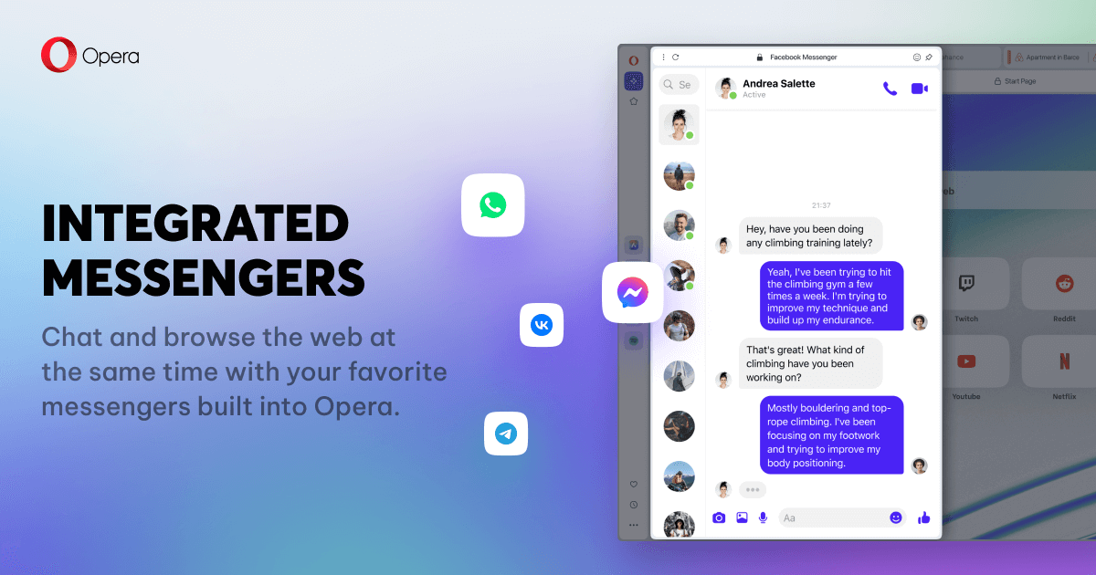 Nova versão do Opera traz incorporados os mensageiros WhatsApp, Telegram e  Messenger - MacMagazine