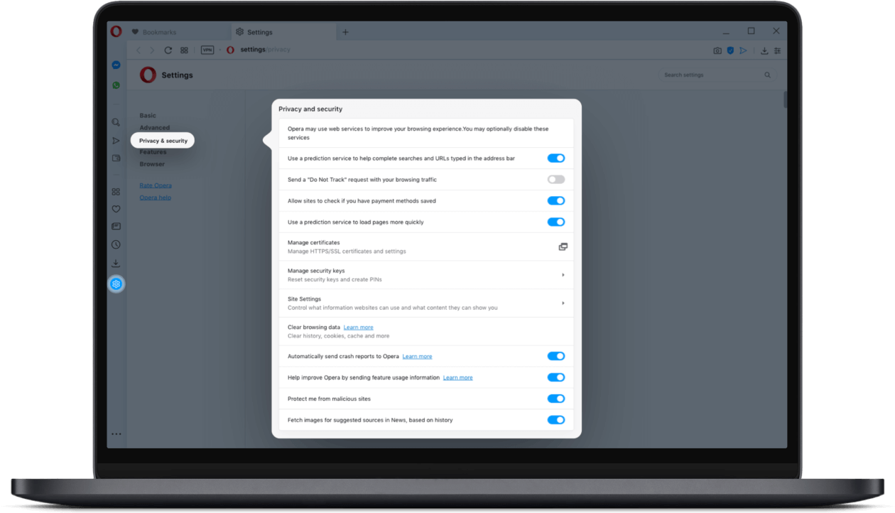 Opera has easy access points for your privacy and security controls