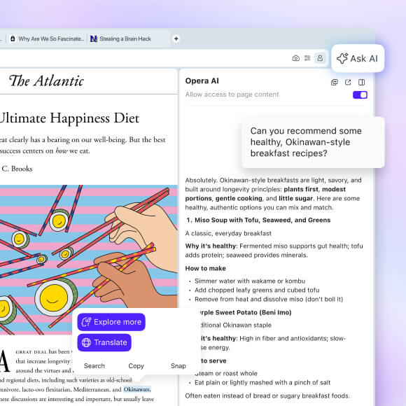 Opera AI in right-side panel