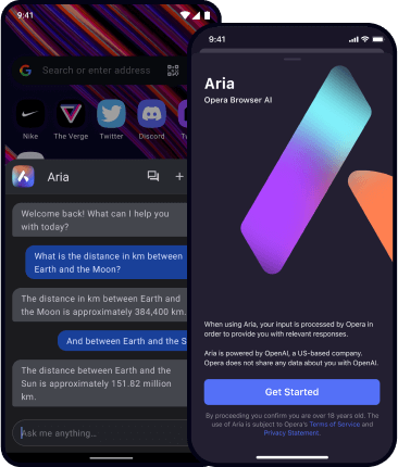 Converse com a Aria, a IA gratuita do navegador Opera, em seus vários dispositivos.