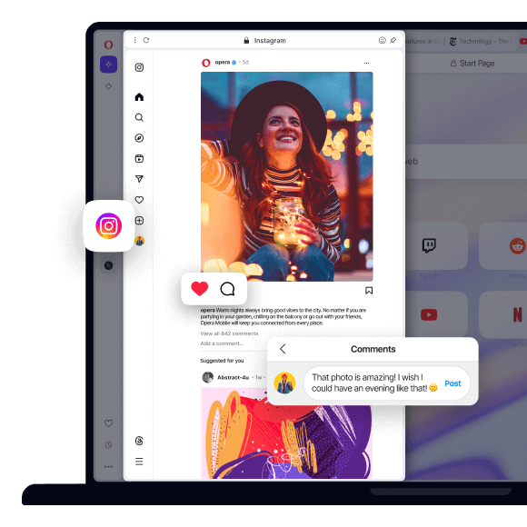 Integrated Social Media Twitter, Instagram, TikTok Opera Browser